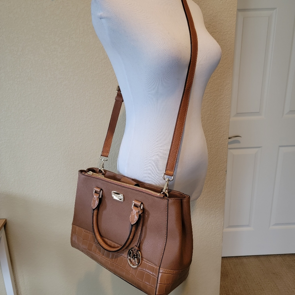 Michael Kors Kellen Embossed Leather Medium Satchel Bag in Luggage